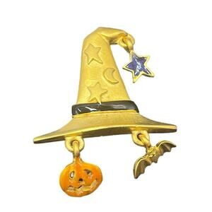 AAI Vintage Witches Hat Orange Pumpkin Bat Gold Tone Halloween Brooch